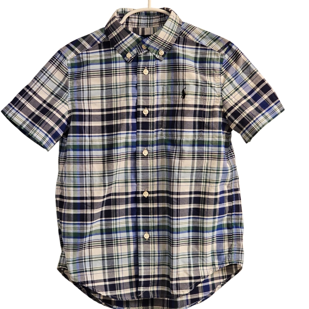 Ralph Lauren Short-Sleeve Button Down Shirt Performance Blue Green Plaid Size 6